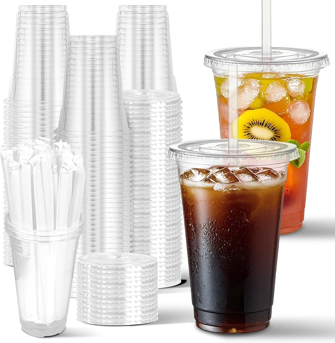 Charmount 100 juegos: vasos de plástico transparente de 20 oz con tapas y pajitas | Vasos desechables para llevar para bebidas frías, accesorios para cafetería, café helado, batidos
