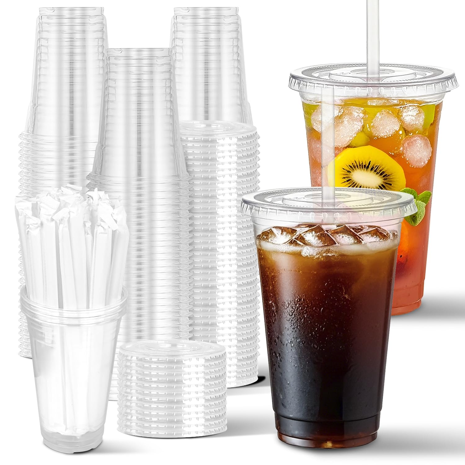 Charmount 100 Sets- 20 oz Clear Plastic Cups with Lids and Straws Disposable To Go Cups for Cold