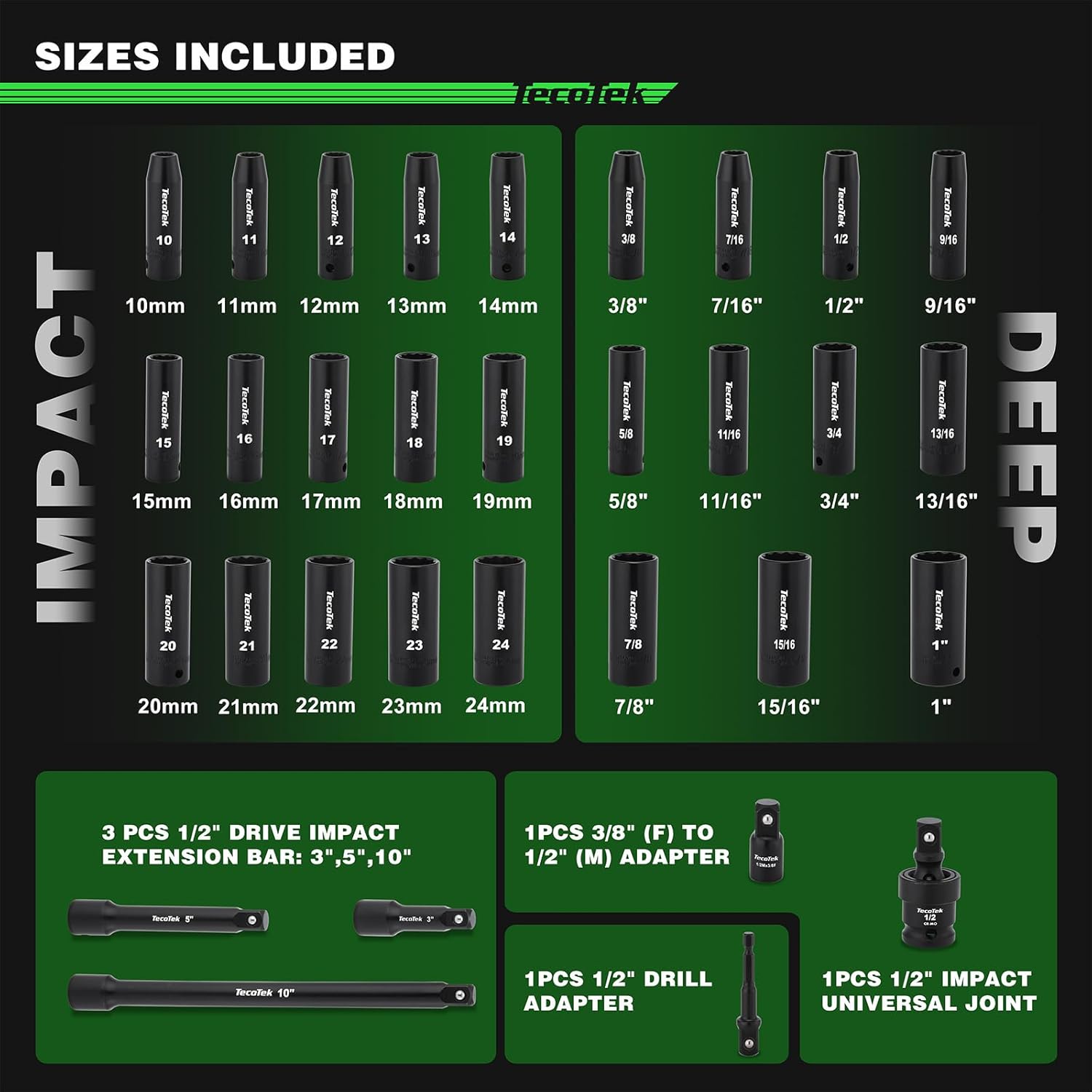 1/2" Drive Deep 12-Point Impact Socket Set, 32-Piece Socket Set, SAE 3/8-1-Inch and Metric 10-24mm Size, Includes Extension Bars, Universal Joint and Adapter, CR-V Steel