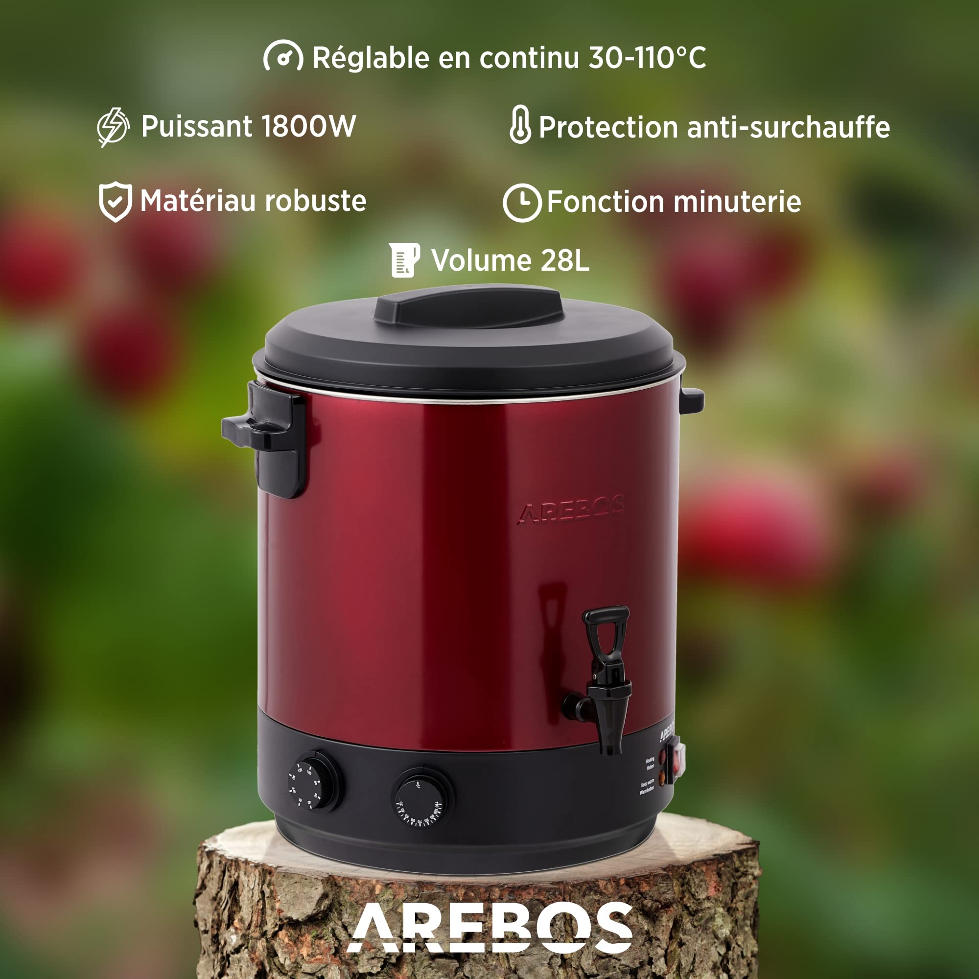 Arebos Autocuiseur automatique 1800 W | 28 l | avec minuterie, thermostat et protection contre la surchauffe | réglable en continu de 30 à 110 °C | Avec pelle et entonnoir de conservation | Rouge