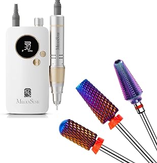 MelodySusie Portable Nail Drill 30000 RPM with 3Pcs Nail Drill Bits Set, 5 in 1, Smooth Round Top Large Barrel and Tornado Bits