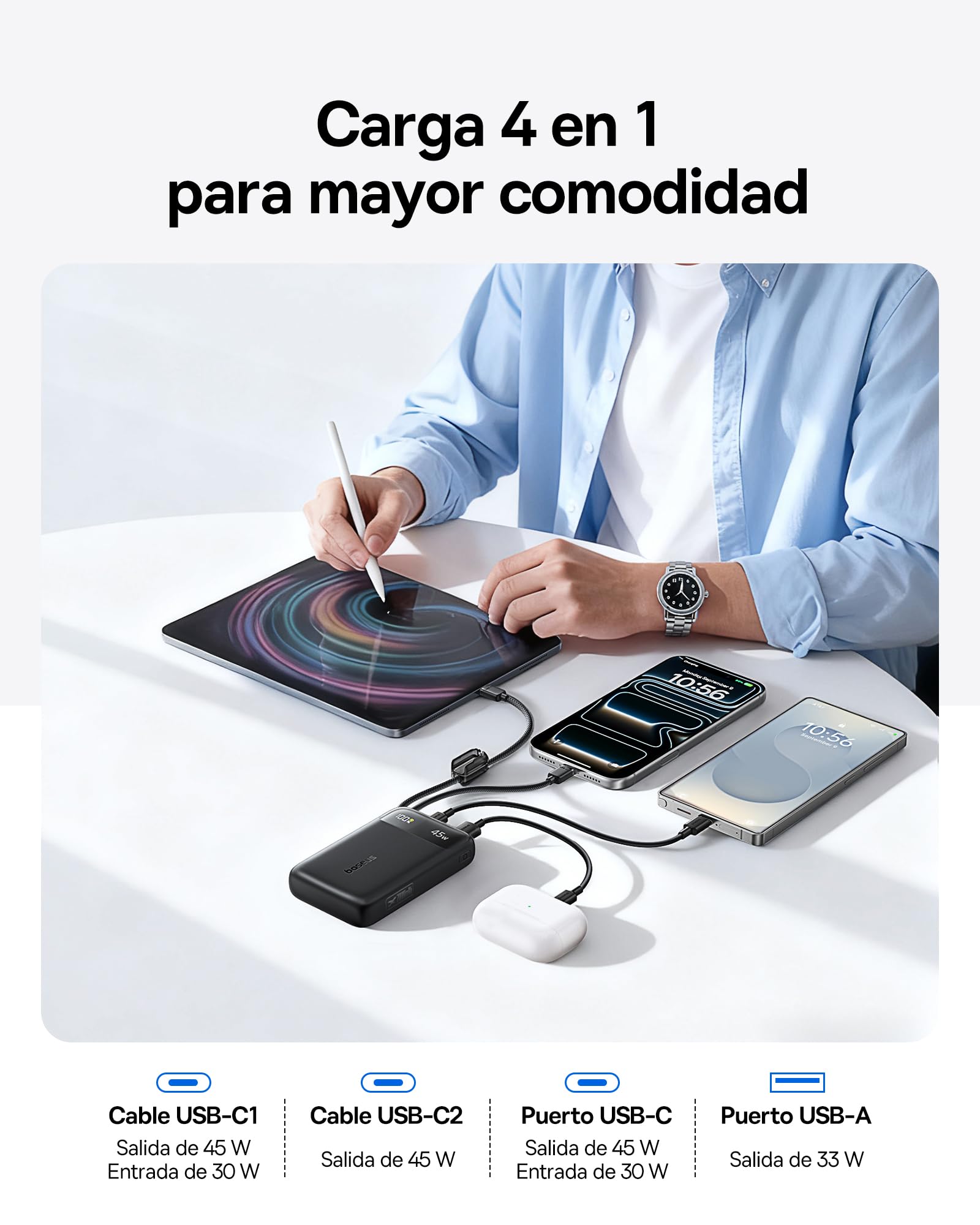 Baseus FC11 Powerbank 45W 20000mAh con 2 Cables USB-C Integrados, Batería Externa Carga Rápida con Certificación CCC, Mini Power Bank para iPhone 17/16/15/14 Pro MAX, iPad, Samsung, Negro