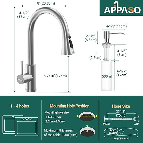 Miniatura 6 de APPASO Grifo de cocina con dispensador de jabón, grifo de cocina de níquel cepillado con rociador desplegable (3 modos), acero inoxidable 304 de
