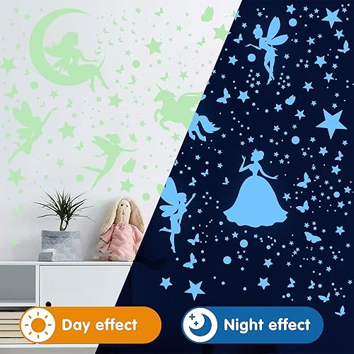Miniatura 5 de Decoración de dormitorio de unicornio con estrellas que brillan en la oscuridad para niñas, calcomanías de pared de mariposa de hadas, calcomanías
