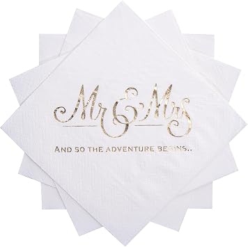 Wedding Napkins Disposable 100 PCS, Gold Foil Mr and Mrs Paper Cocktail Napkins for Wedding Dinner Party, 3-Ply, White