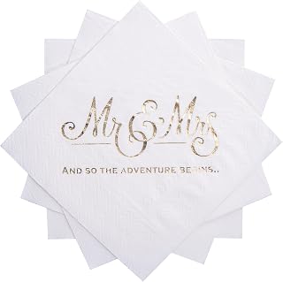Wedding Napkins Disposable 100 PCS, Gold Foil Mr and Mrs Paper Cocktail Napkins for Wedding Dinner Party, 3-Ply, White