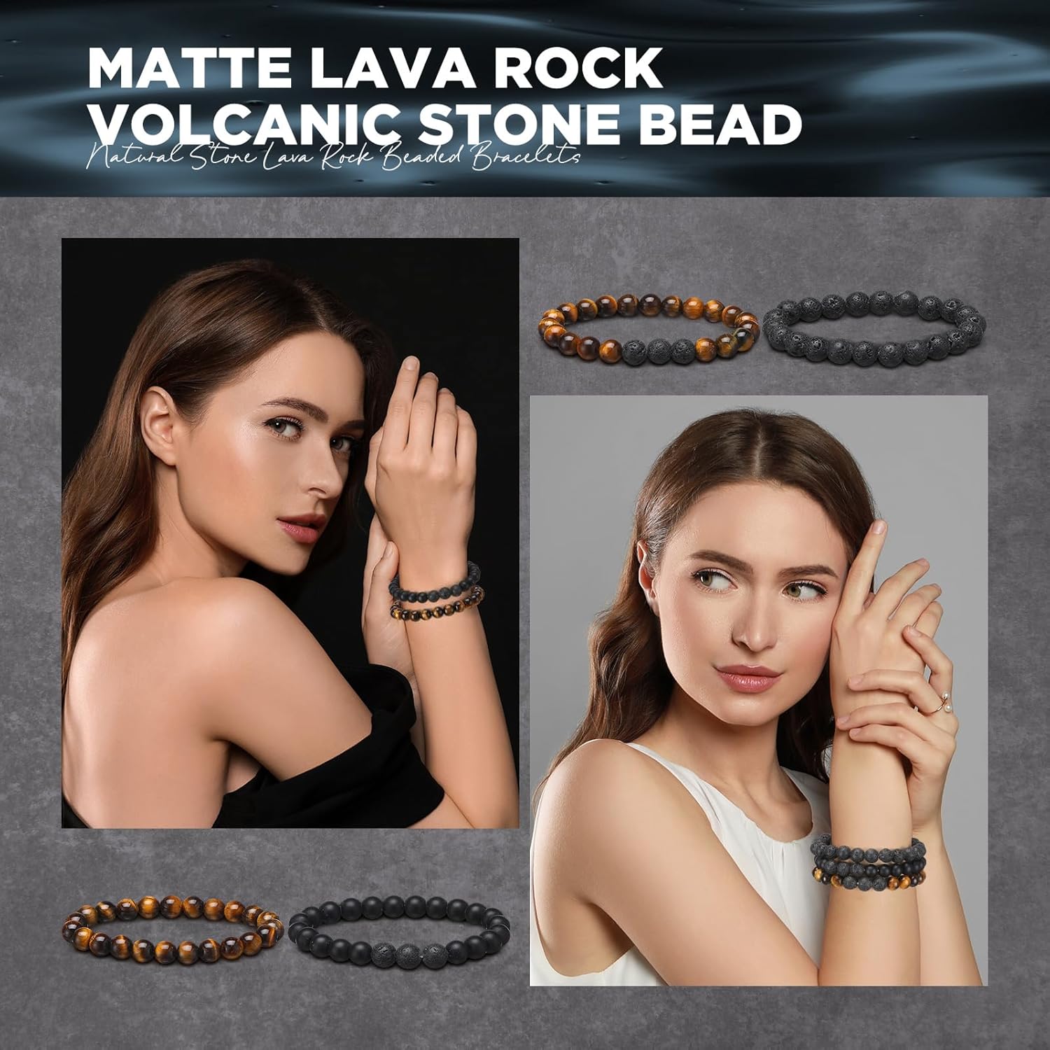 Landical 24 Pcs 8 mm Natural Stone Beads Bracelet Set Tiger Eye Men Stretch Lava Adjustable Onyx Matte Beads Essential Oil Diffuser Bracelet for Men Women Jewelry Gifts - Image 5