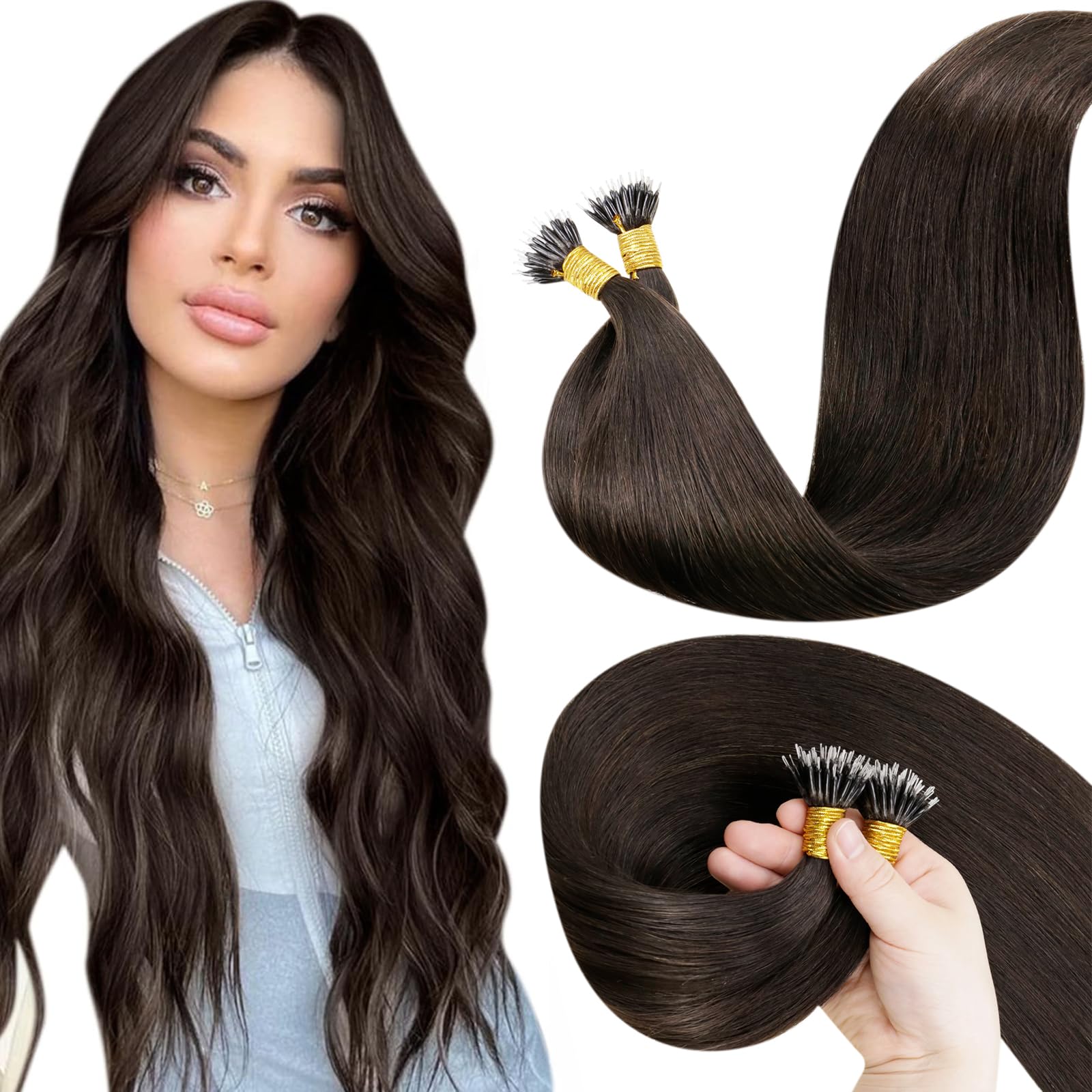 LaaVoo Nano Hair Extensions Real Human Hair 100g Full Head Nano Beads Hair Extensions Darkest Brown Invisible Nano Ring Straight Remy Hair 100s 16 Inch #2