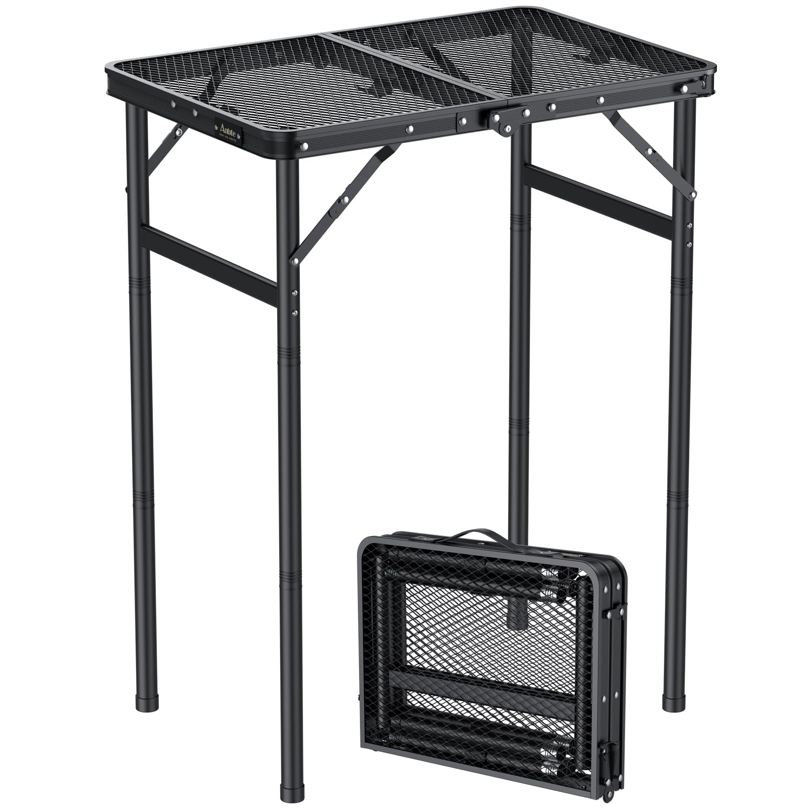 Anbte Mesa Camping Plegable 60x40x27/51/74.7cm Mesa de Parrilla 3 Alturas Ajustables con Tablero de Malla Resistente al Calor Impermeable para Cocinar Barbacoa Picnic(Instalación Roscada)