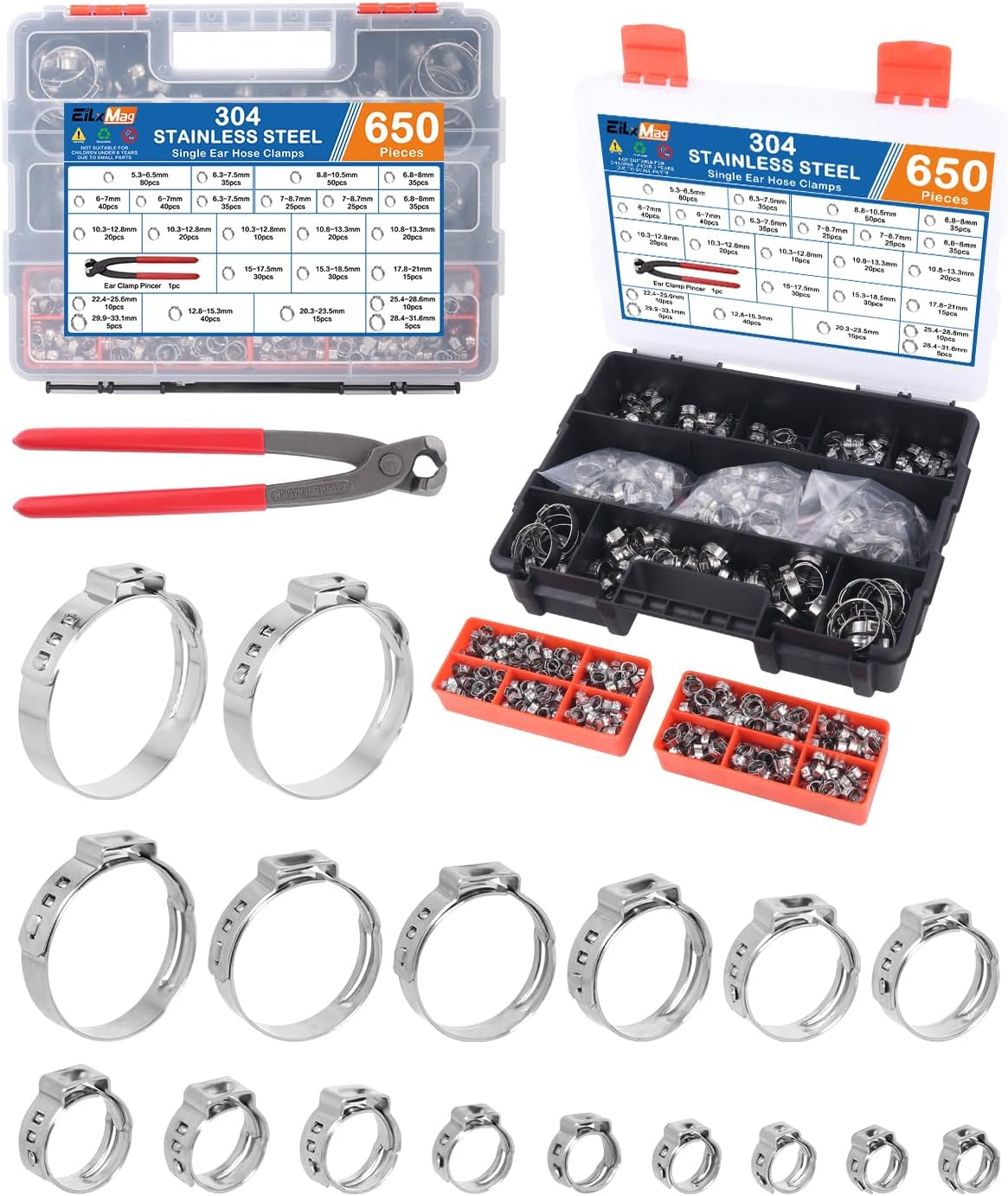 650PCS 17 Sizes Single Ear Hose Clamps, 304 Stainless Steel Crimp Hose Clamps Assortment Kit with Ear Clamp Pincer, 5.3-33.1mm Stepless Cinch Rings Crimp Assortment Kit for Auto/Pipe/Fuel Line