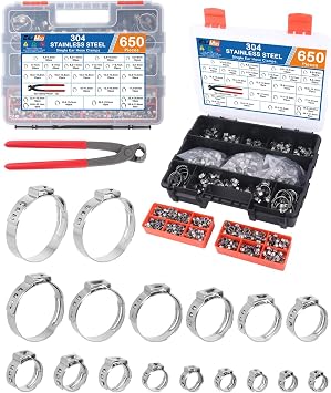 650PCS 17 Sizes Single Ear Hose Clamps, 304 Stainless Steel Crimp Hose Clamps Assortment Kit with Ear Clamp Pincer, 5.3-33.1mm Stepless Cinch Rings Crimp Assortment Kit for Auto/Pipe/Fuel Line