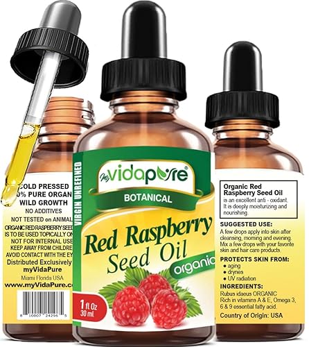 ACEITE DE SEMILLA DE FRAMBUESA ROJA BIO Rubus idaeus WILD GROWTH RAW 100% Pure VIRGEN SIN REFINAR Sin diluir 1 Fl.oz.- 1.0 fl oz. Para el cuidado de