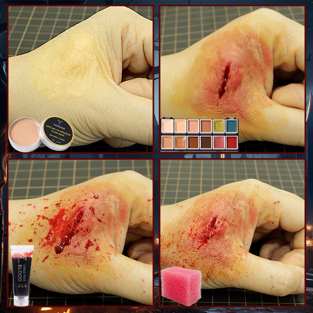 Kit de maquillaje de Halloween con efectos especiales SFX, 12 colores, paleta FX, pintura facial y corporal con sangre falsa, cera de cicatrices, goma de mascar, sellador de ricino, aceite de 4