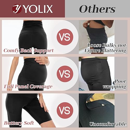 Miniatura 4 de YOLIX Paquete de 2 pantalones cortos de maternidad sobre el vientre, cintura alta, negro, entrenamiento, 8 pulgadas, pantalones cortos de ciclismo