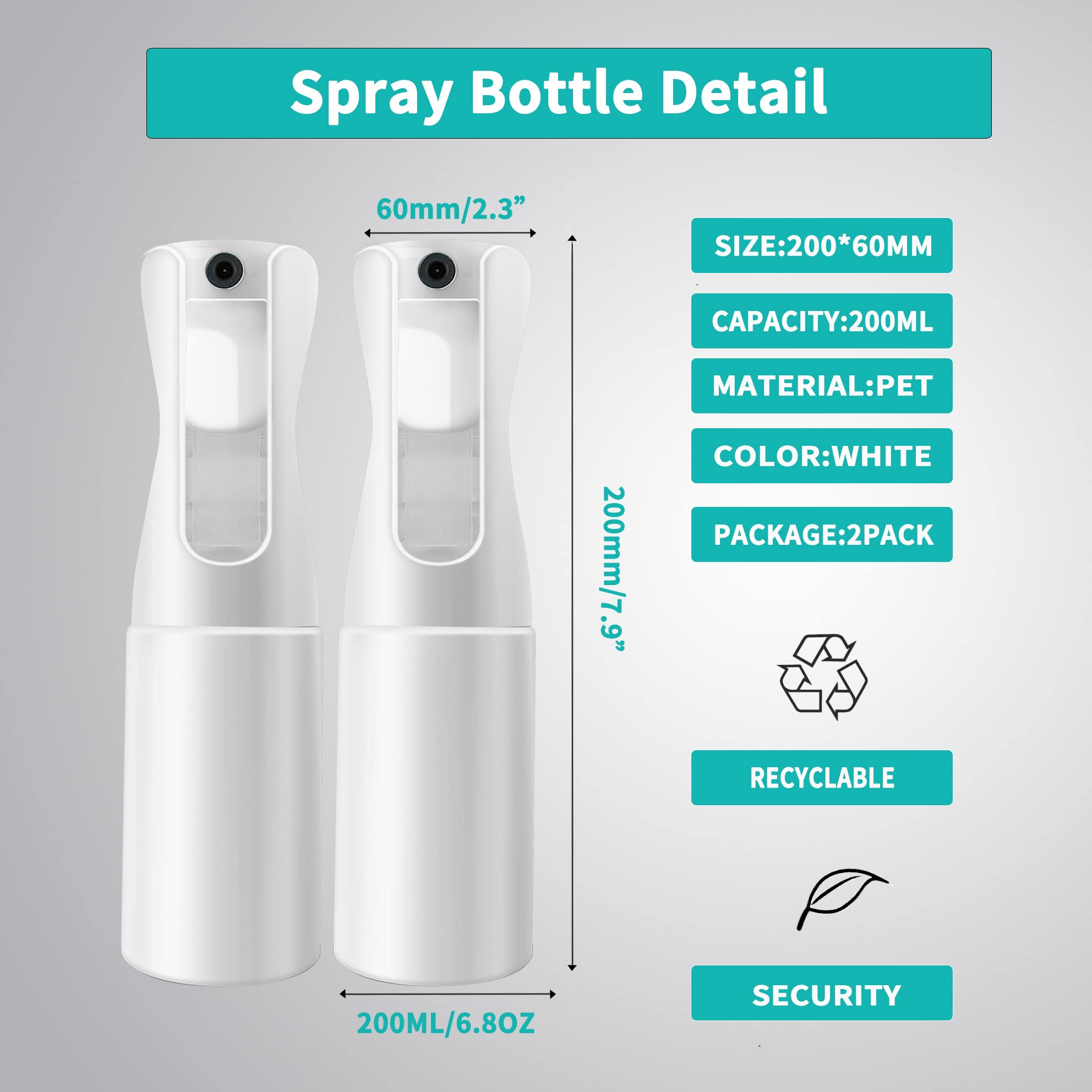 ANGLUX Sprühflasche für Haare, 200 ml, leer, feiner Nebel, ultrafein, kontinuierliche Sprühflasche, feiner Sprühflasche für Haarstyling, Reinigung, Pflanzen, Nebel und Hautpflege, Weiß