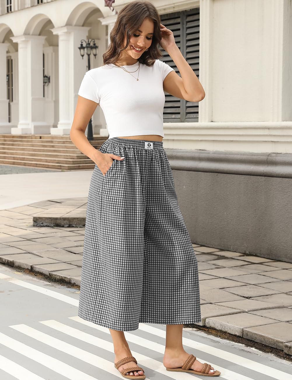 TARSE Womens Gingham Wide Leg Cropped Pants Casual Loose Plaid Culottes Elastic Waist Palazzo Pants with Pockets - Image 3