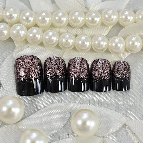 Miniatura 9 de Uñas postizas a presión francesas, de color negro, marrón claro, con brillantina, medianas, cortas, cuadradas, brillantes, para salón de belleza,