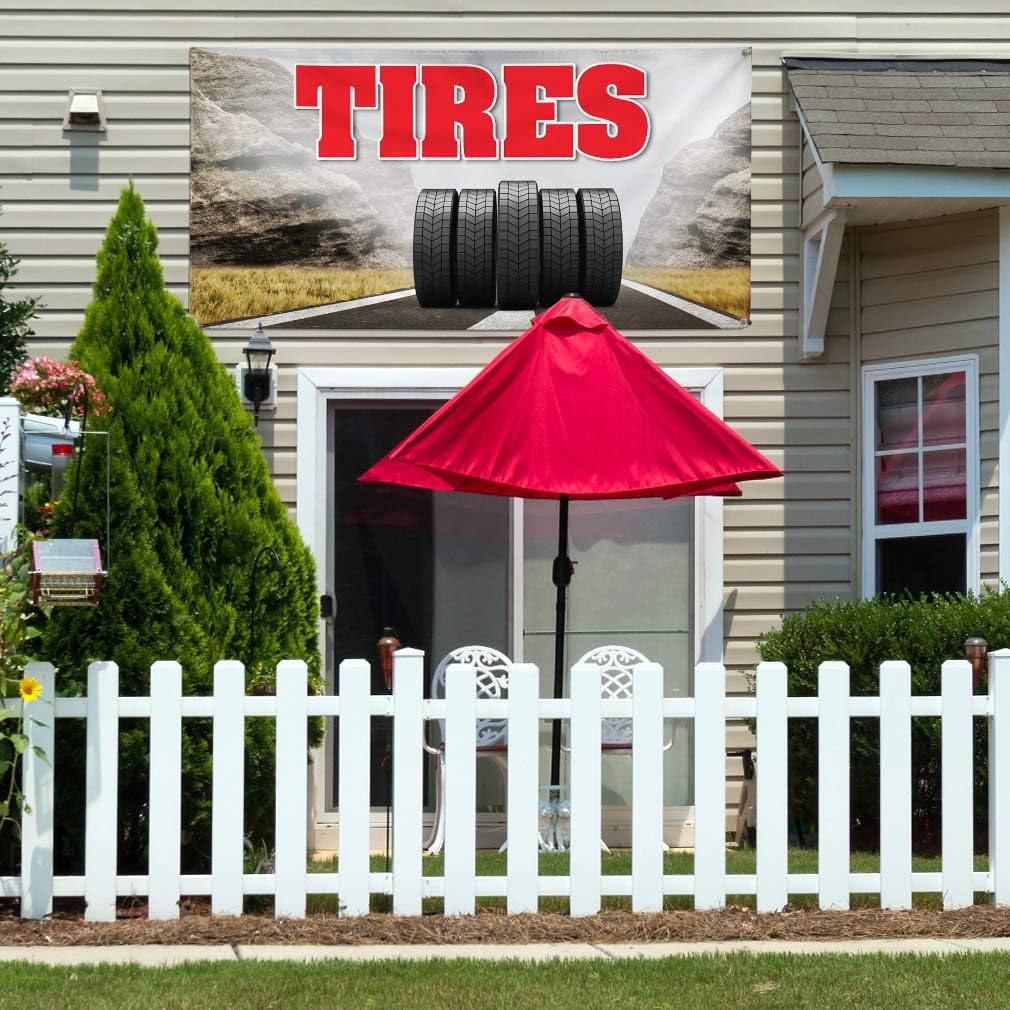 Vinyl Banner Multiple Sizes Tires Outdoor Advertising Printing G Automotive Outdoor Weatherproof Industrial Yard Signs Black 4 Grommets 16x40Inches