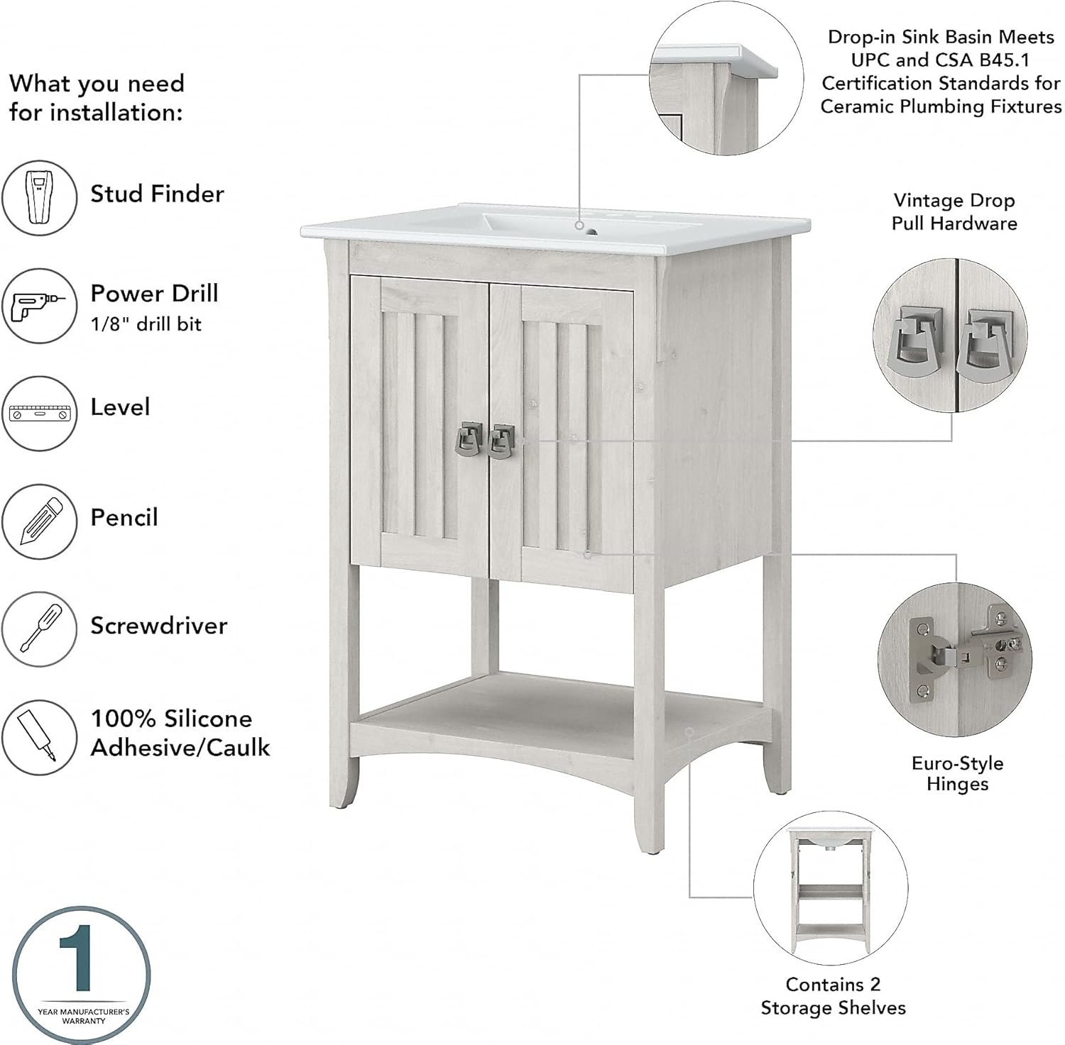 Bush Home Salinas 48W Double Vanity Set with Sinks and Medicine Cabinets in Linen White Oak