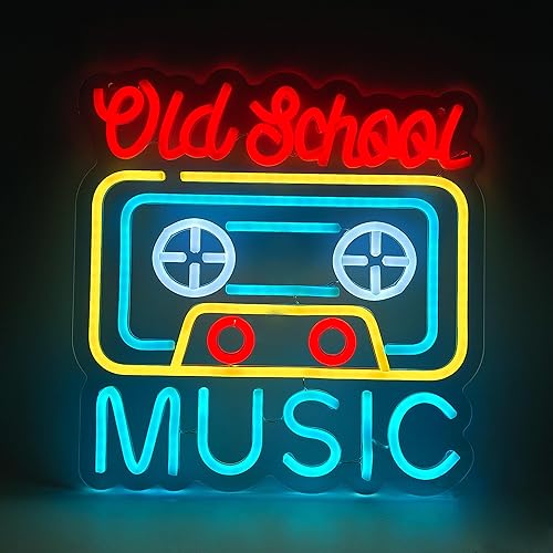 Letrero de neón de música de la vieja escuela para decoración de pared de la vieja escuela, cintas de casete vintage, letreros de neón para