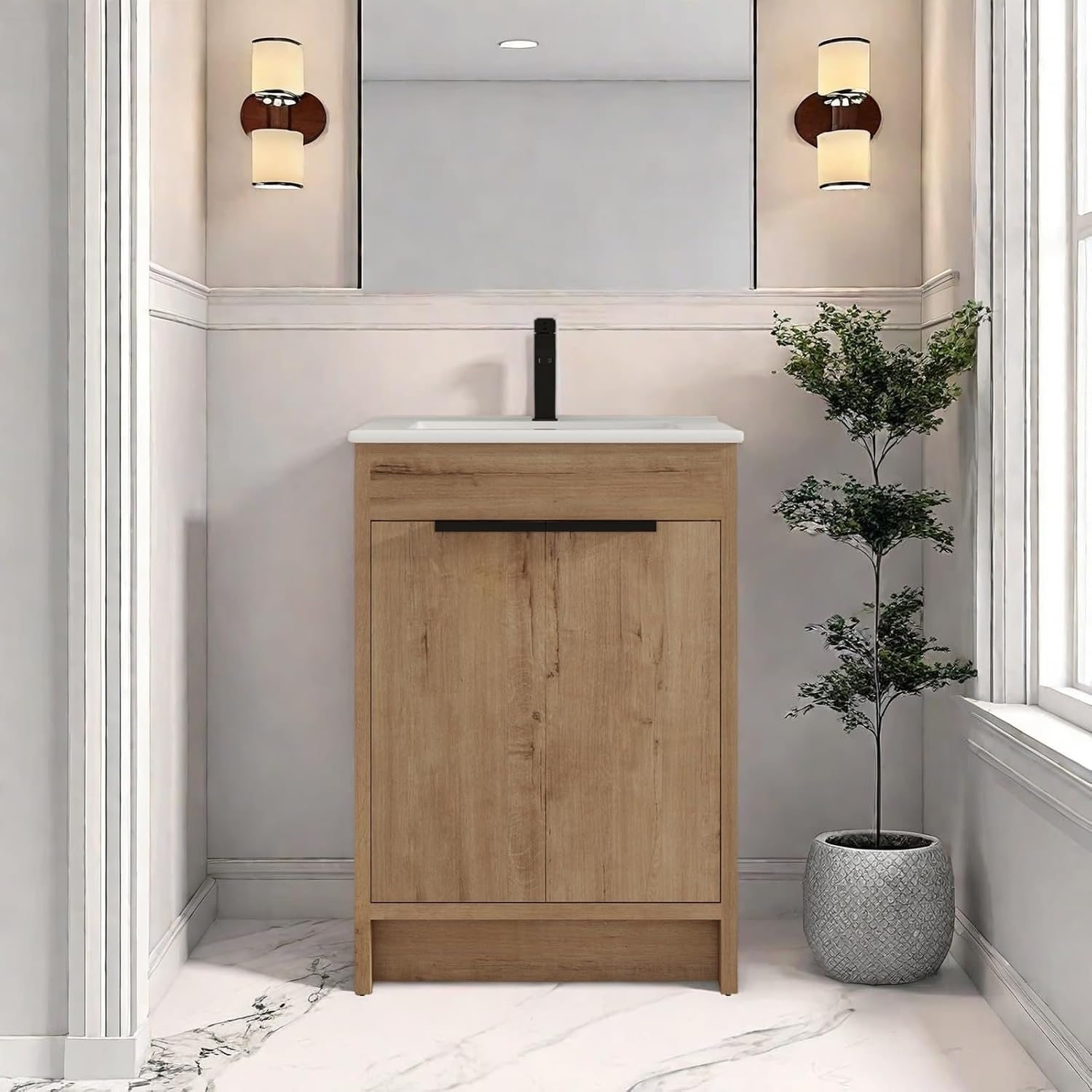 Freestanding Bathroom Vanity, 24" Bathroom Storage Cabinet with White Ceramic Sink & 2 Soft-Close Cabinet Doors, Modern Floor Vanity with Adjustable Shelf & Black Metal Handles, Imitative Oak