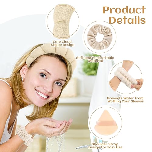 Miniatura 5 de Juego de 7 diademas y muñequeras para el cuidado de la piel para lavar la cara, coleteros para polvo, esponja, spa, maquillaje, diadema hinchada,