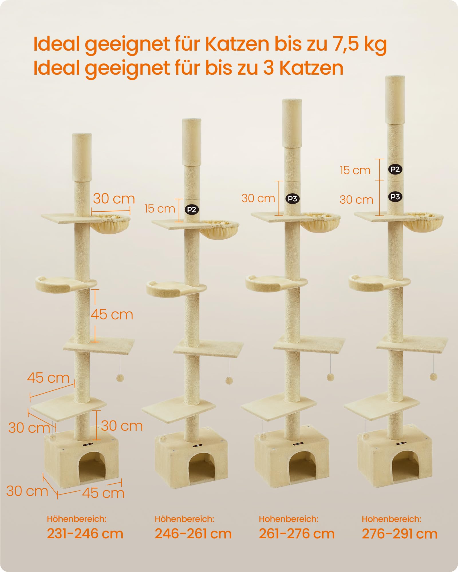 Feandrea Kratzbaum deckenhoch, 231-291 cm höhenverstellbarer Katzenbaum, XXL, hoher mehrstufiger Katzenkratzbaum, 11 cm Dicke Stämme, Höhle, Liegemulde, Plattform, beige PCT210Y01