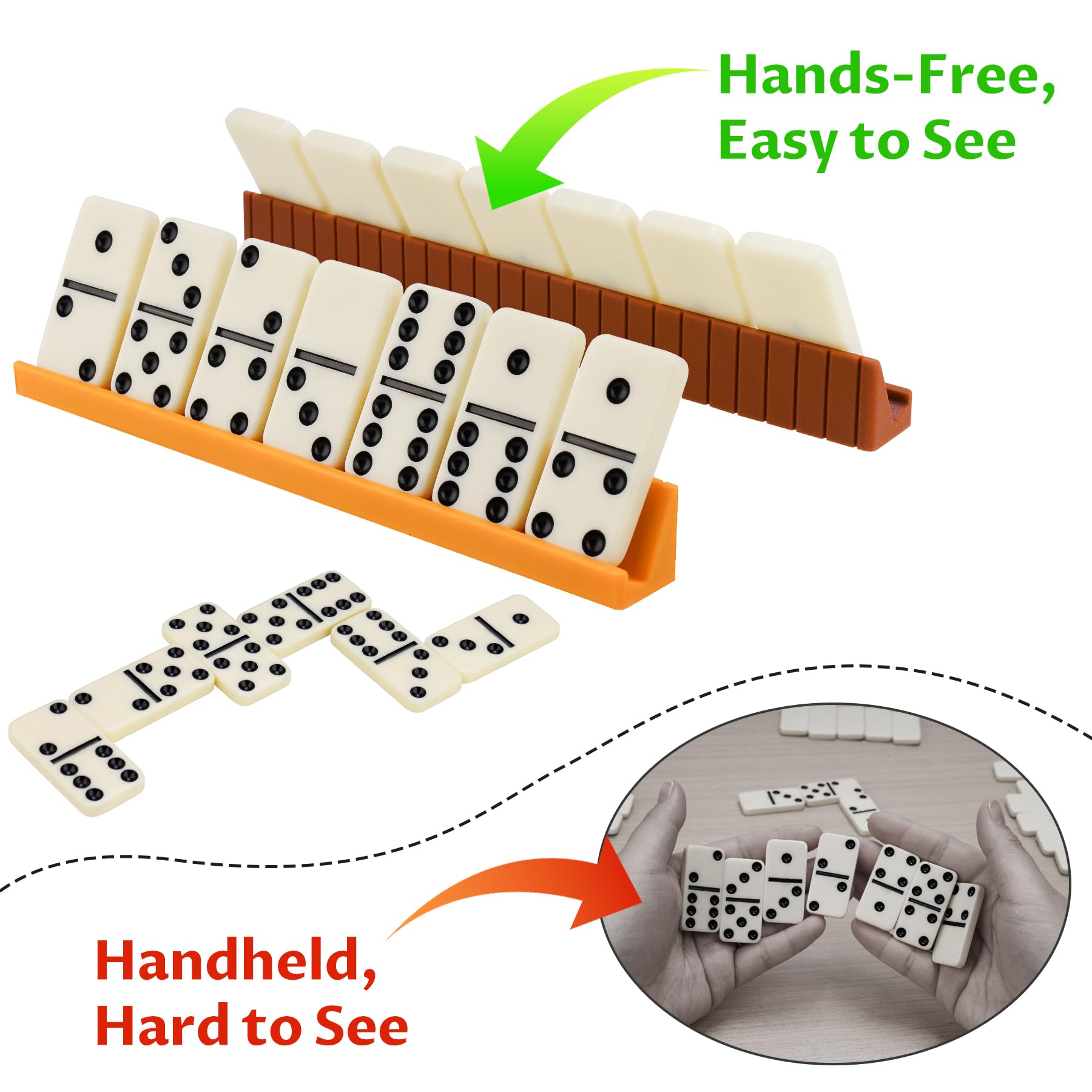 Juego de dominó para adultos, doble 6 fichas de dominó con 28 piedras (4 x 2 x 0,5 cm) y 4 soportes de silicona para dominó (16 x 1,7 x 1,8 cm), juego de mesa clásico con bolsa de transporte para