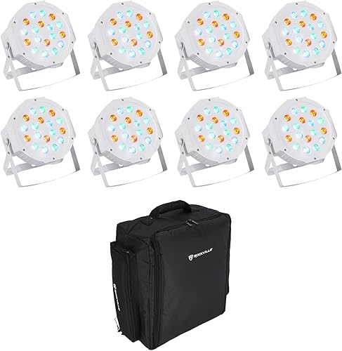 (8) Rockville RockPAR50 LED blanco RGB Par Can DMX DJ Wash Up Lights+Mochila