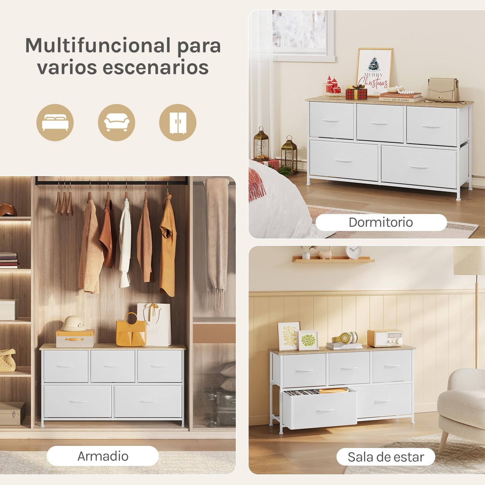 WOLTU Comoda para Dormitorio, Cajonera Almacenaje, Cómodas 5 Cajones de Metal y Madera, Cajoneras Dormitorio y Habitacion, Mueble Almacenaje, Armario Organizador, Blanco, SSK005ws