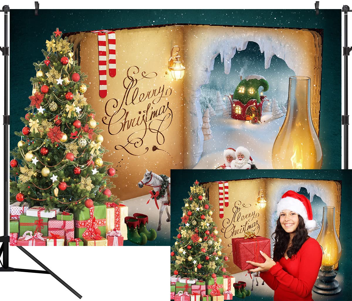 DULUDA Christmas Candy Canes House Book Backdrop Winter Snow Wonderland Fairy Tale Snow Santa Background for Children Kids Xmas New Year Party Decor Banner Portrait Photo Booth Props 10X8FT DLA179E