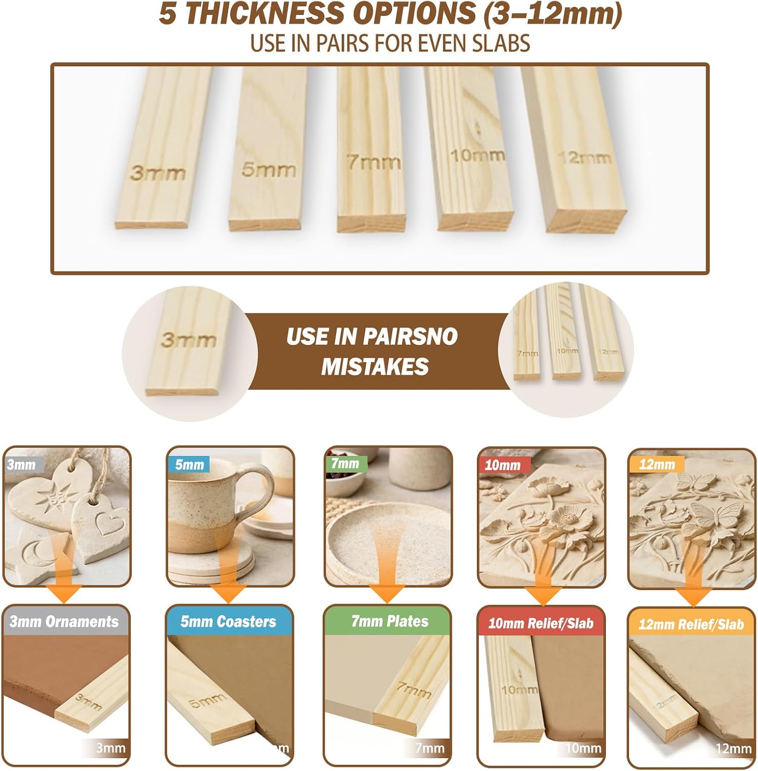 15 PCS Wooden Pottery Rolling Pin Set with Slab Roller Guides – 5 Thickness Options, Large Linen Canvas Mat, Includes Sponges & 7-Needle Tool
