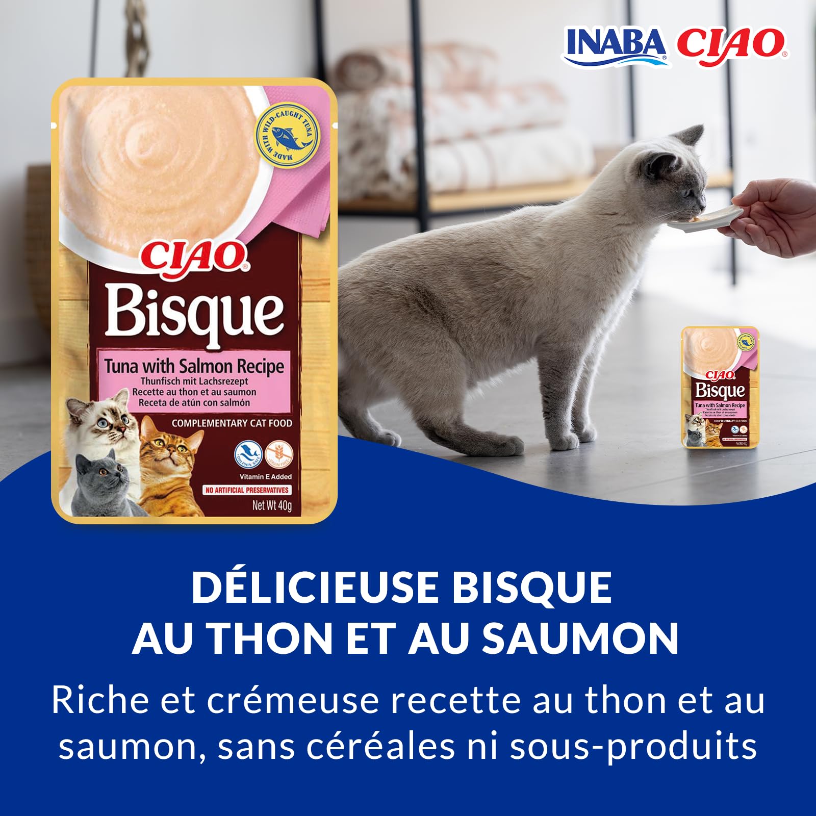 INABA Ciao - Bisque Thon & Saumon - Friandise pour Chat Humide - 1 x 40g - Délicieuse et Saine - Purée - Plat d'accompagnement - Complément Naturel et sans céréales - Pâtée pour Chat