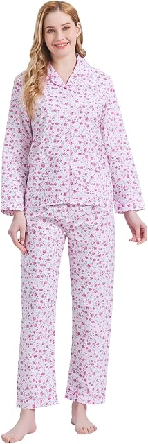 GLOBAL Ladies Pyjamas Set 100% Cotton Womens PJs Drawstring Sleepwear for Women