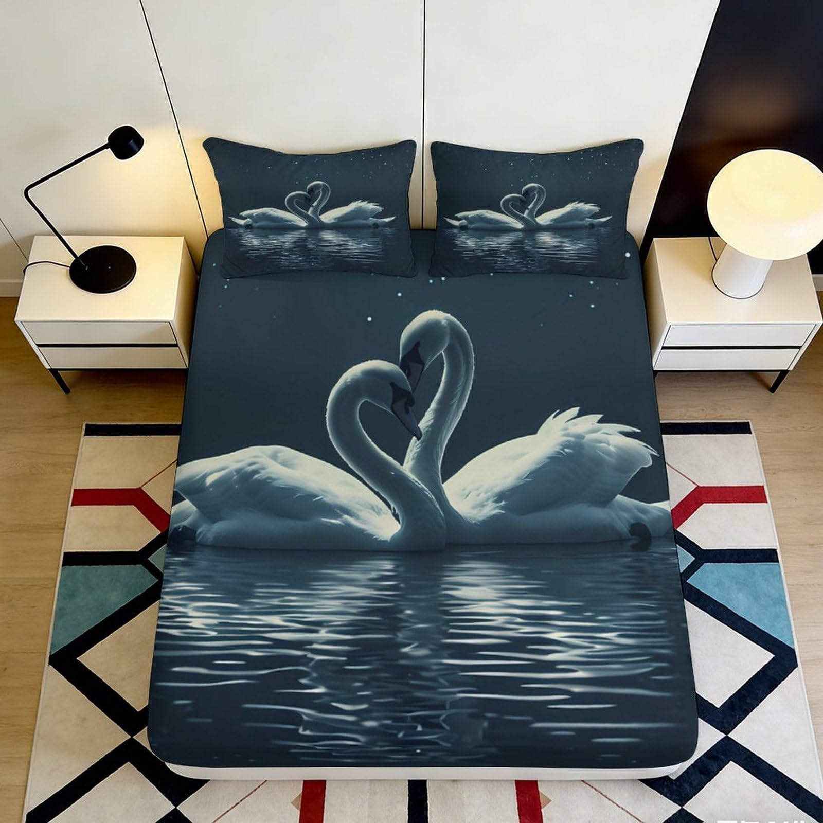 3D Printed Swan Lake Fitted Sheet Microfiber Soft Non-Slip Romantic Water Reflection Bed Cover for Bedroom Guest Room 200x200x25cm