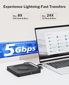 Wbacon External CD/DVD Drive for Laptop, 5 in 1 LightScribe DVD Burner