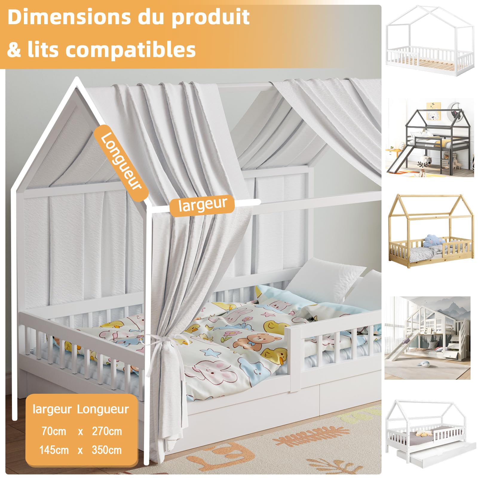 Lit Cabane Enfant, Ciel de Lit Cabane avec 2 Pièces Rideaux, Baldaquin Ciel en Tissu Doux Respirant, Ensemble de Décoration pour Chambre Fille Garçon (Blanc, 70x270cm)