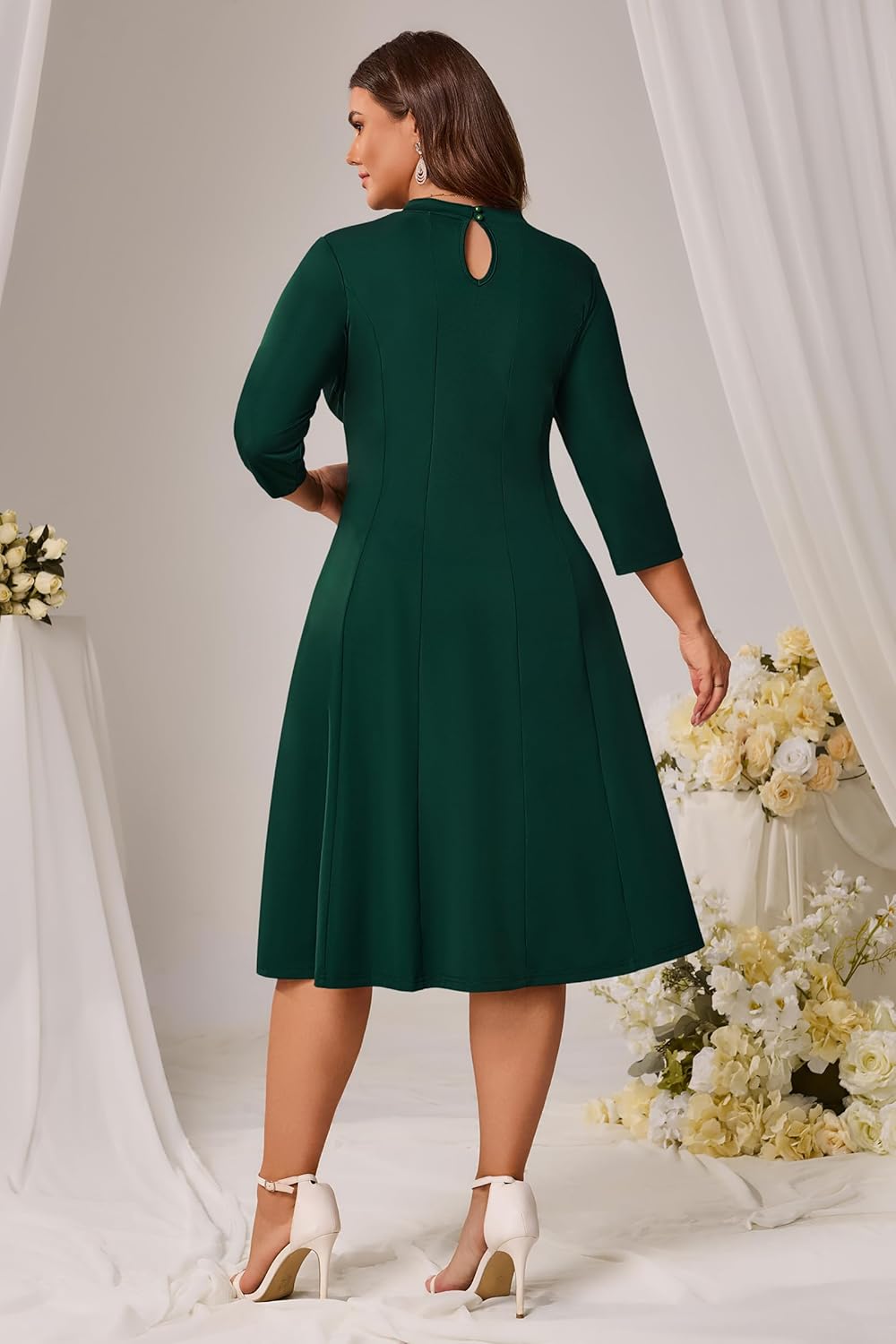 Runwind Plus Size Dresses for Curvy Women, V-Neck 3/4 Sleeve Semi-Formal Fall Church Wedding Guest Cocktail Party Midi Dress - Image 5