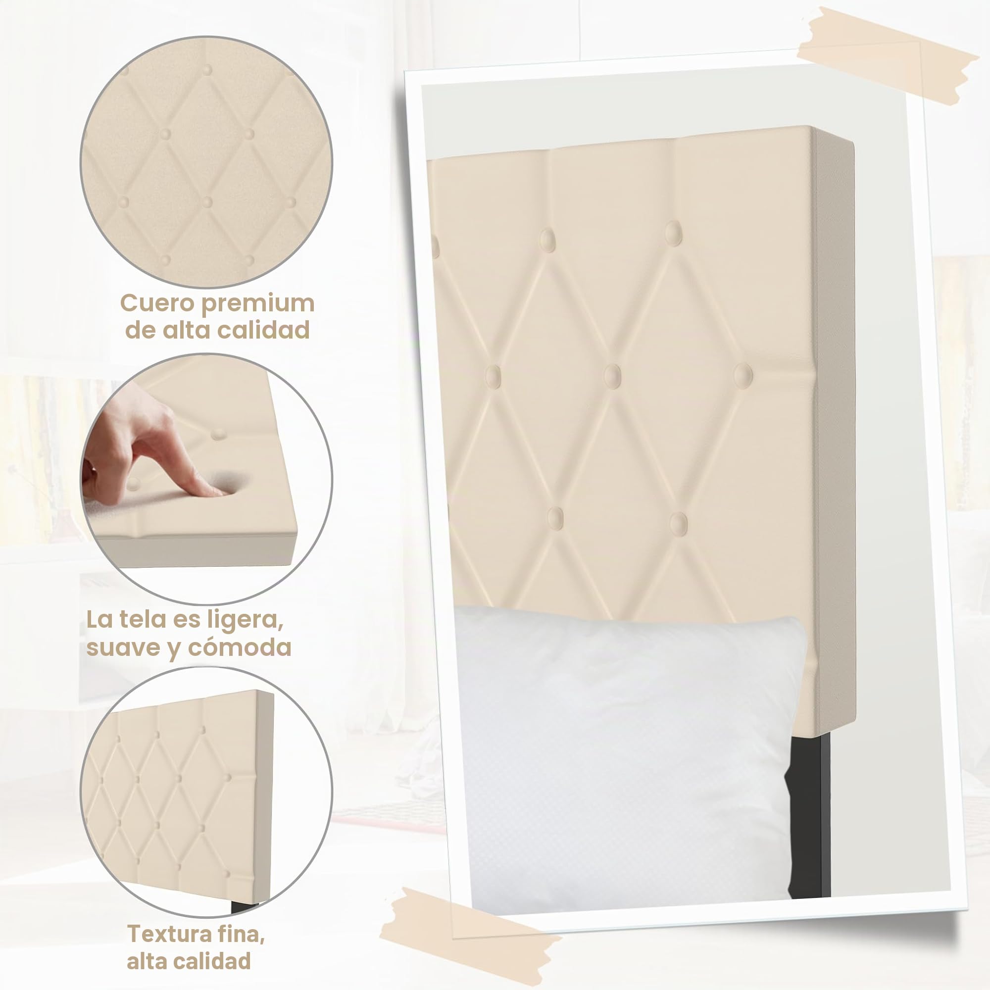 Froadp Cama tapizada de 90 x 200 cm – Marco de cama doble con soporte de listones de madera de piel sintética, cabecero tapizado con botones, marco de cama para dormitorio, diseño moderno (beige)