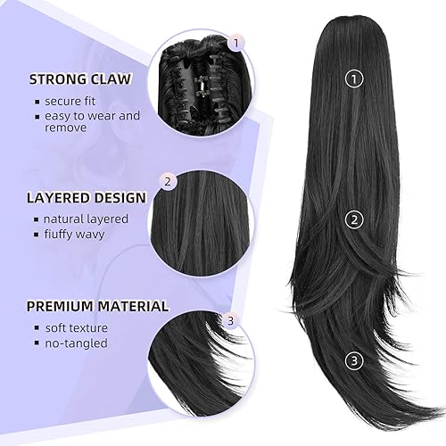 Miniatura 4 de ShulaSHOP Extensión de cola de caballo negra, 20 pulgadas, extensiones de cabello largo y rizado, extensiones de cabello sintético de aspecto