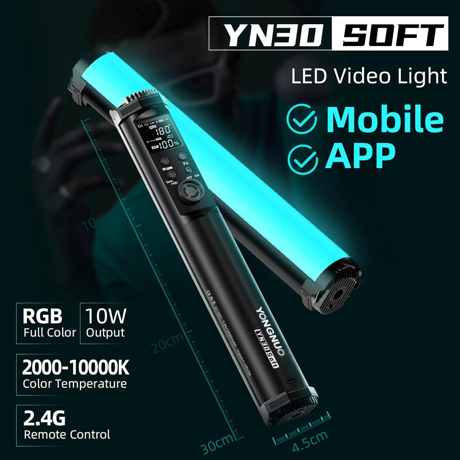YONGNUO YN30SOFT LED Wand Light Stick RGB Full Color 2000K-10000K Adjustable Handheld LED Video Light