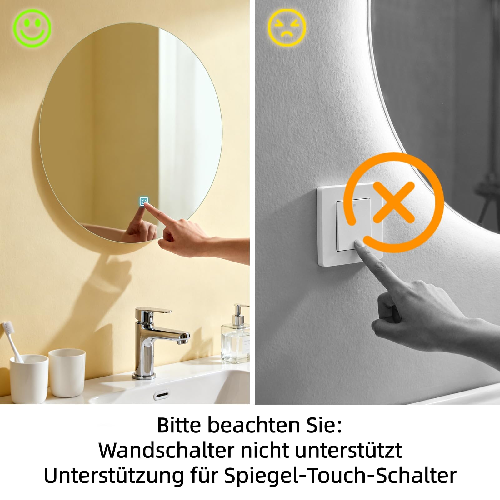 Rund Badezimmer Wandspiegel, Badspiegel Mit Beleuchtung, 50cm Spiegel mit LED Licht, Touch Schalter und 3 Farben Dimmbar