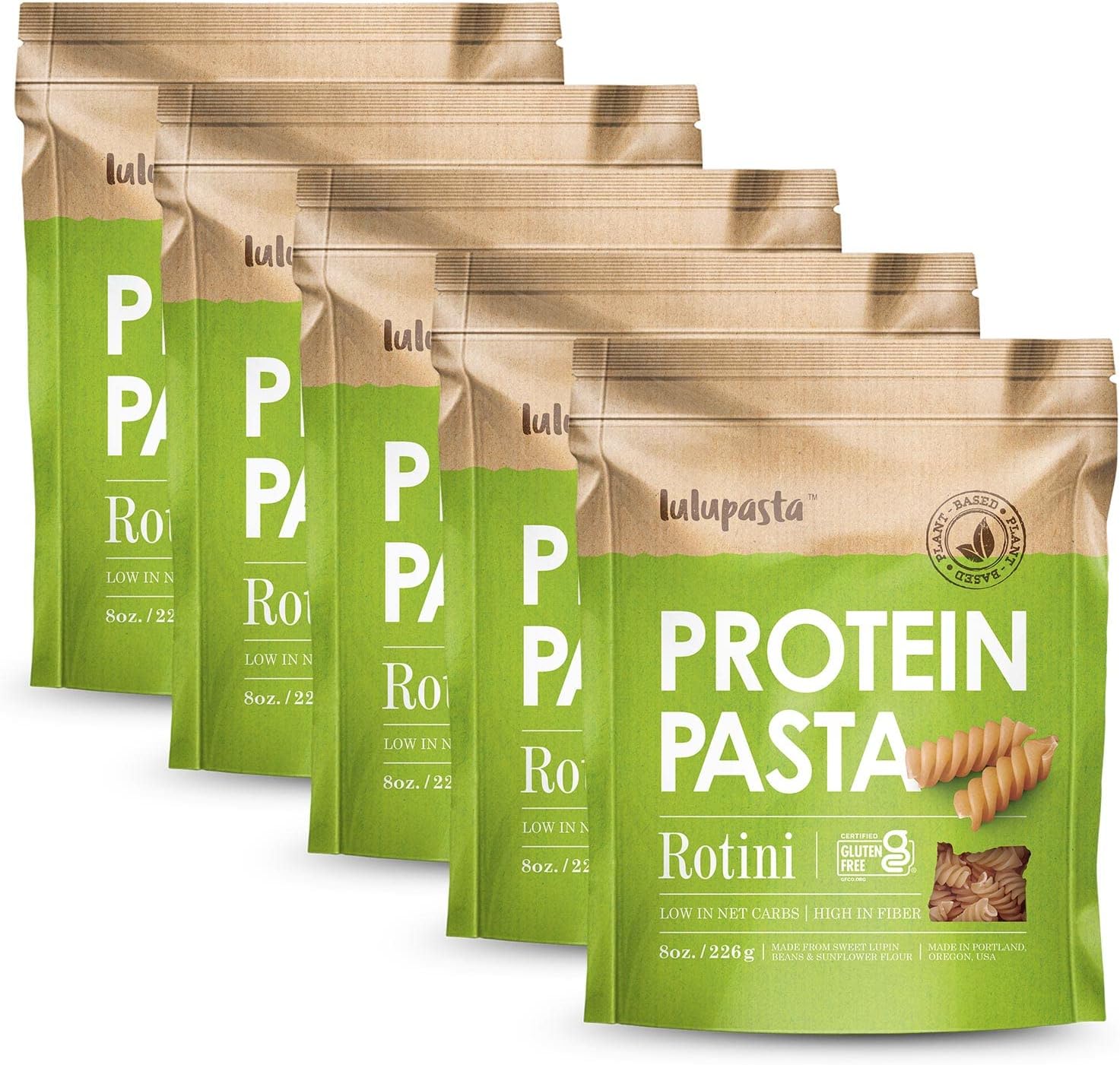 High Protein Pasta, 19g, Made with Lupin Flour & Sunflower Flour, 4g Net Carb, Gluten Free, Keto Pasta, Low Carb, by lulupasta (Rotini, 5 Pack)