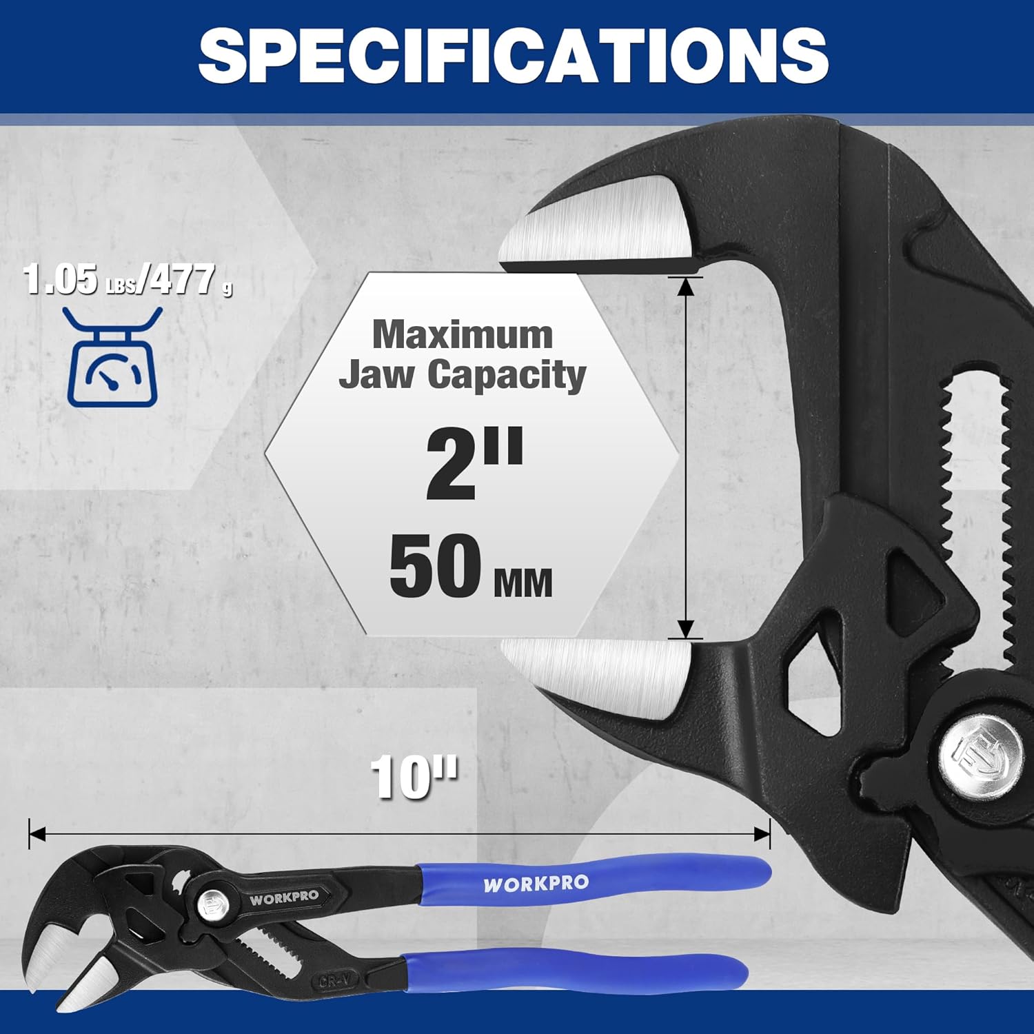 WORKPRO 10-Inch Pliers Wrench, CR-V Construction Wrench Pliers, Adjustable Parallel Smooth Jaw Pliers, Black Finish, Groove Lock Mechanism