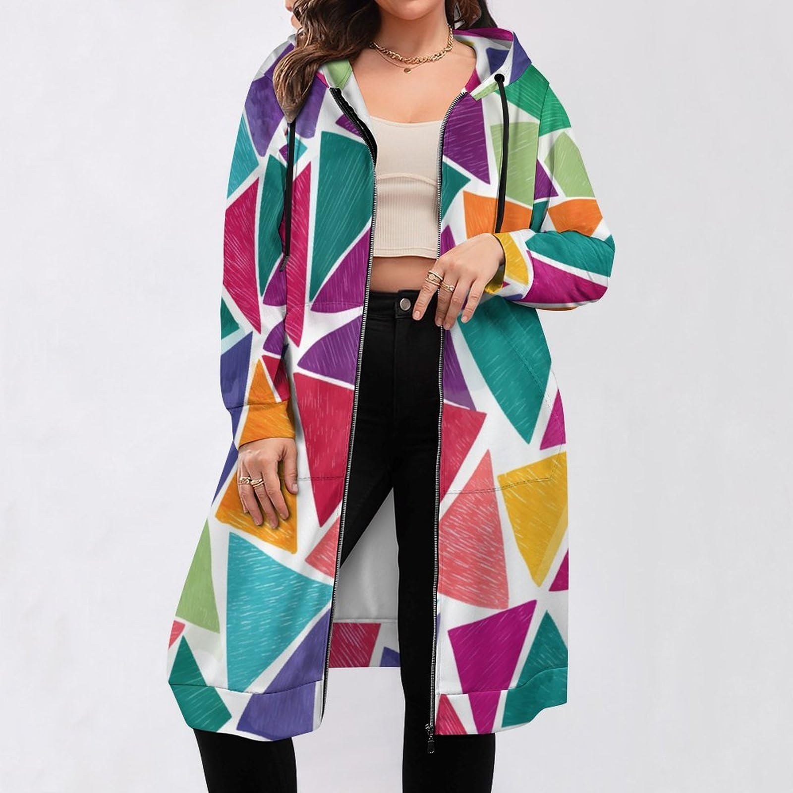 Felpa Donna con Zip Felpe Sportiva con Tasche E Cappuccio Motivo A Triangolo Colorato Morbida Invernale Giacca Regolabile Confortevole per Uso Quotidiano Casual
