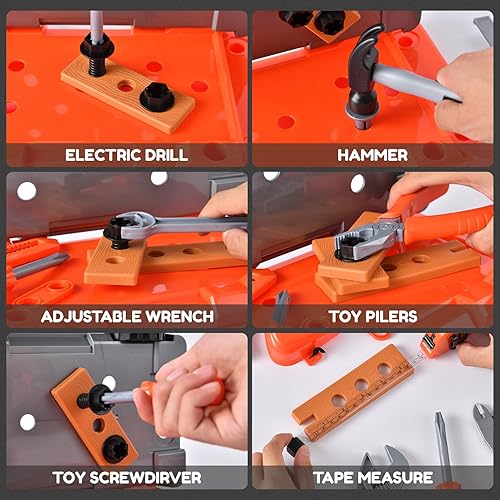 Miniatura 4 de Playhiland Banco de herramientas 2 en 1 para niños, 78 piezas, banco de herramientas para niños pequeños con caja de herramientas y taladro