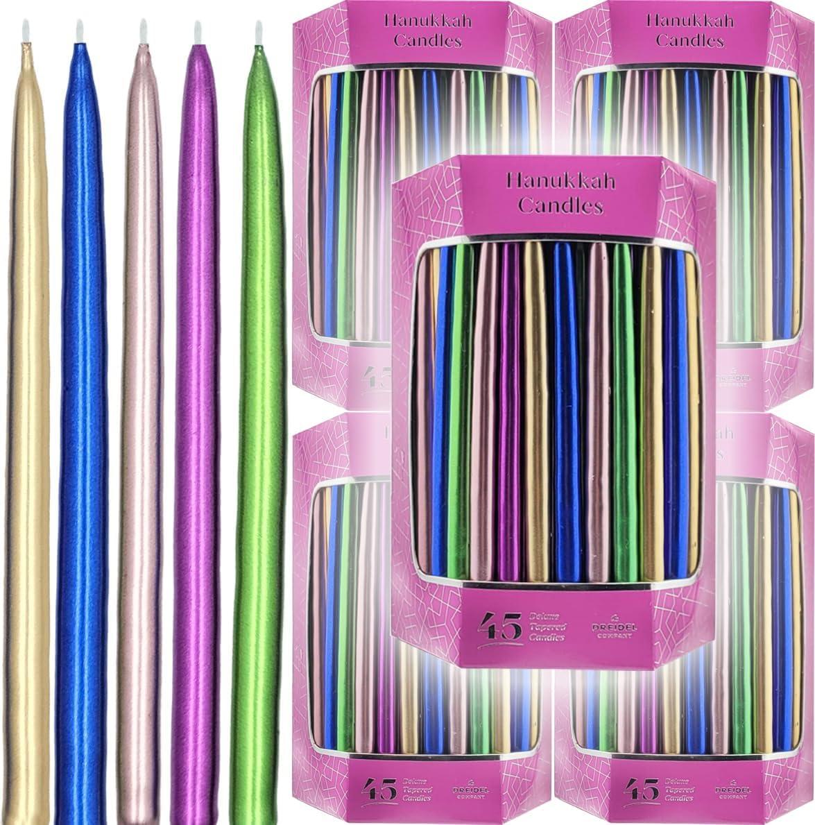 The Dreidel Company 5-Pack Multicolor Metallic Hanukkah Frosted Premium Tapered Hand Decorated Chanuka Candles Set of 45 Sleek Glossy and Shiny Candles Enough for All Eight Day's of Hanukkah