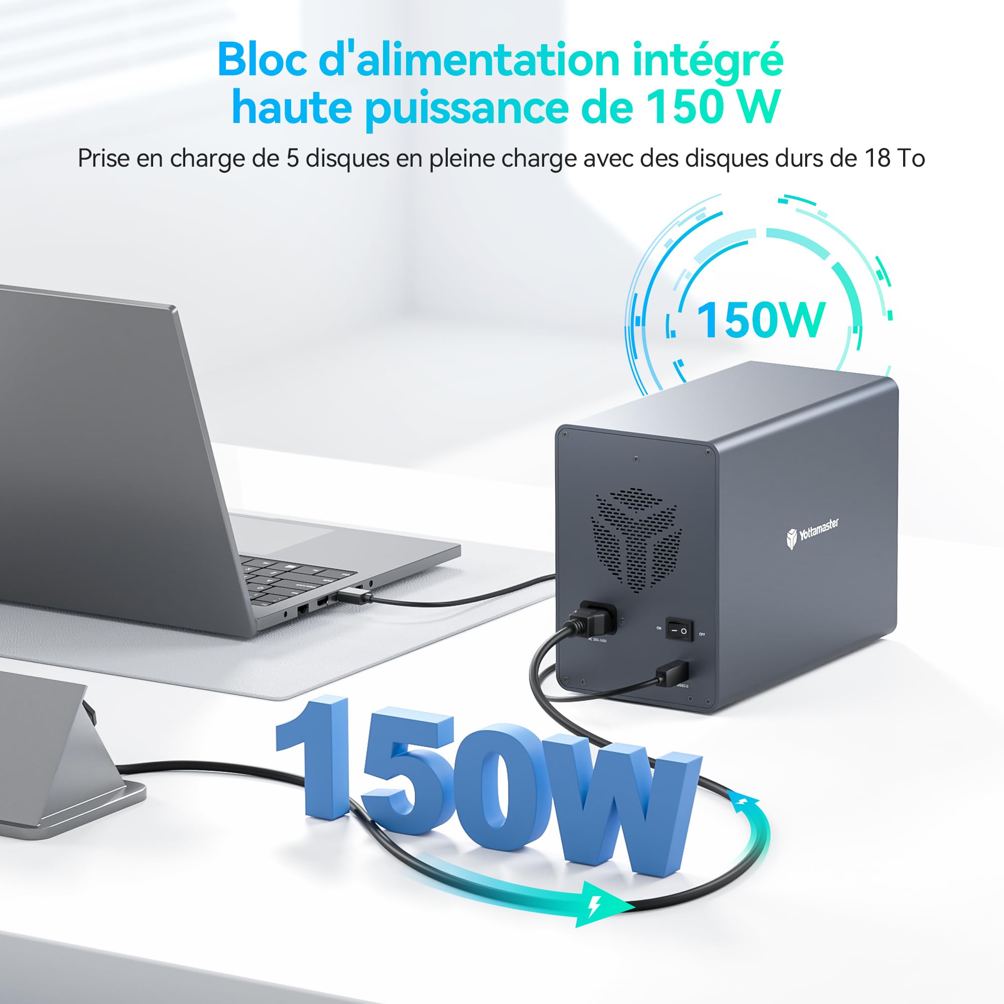Yottamaster 5 Baies Boîtier Disque Dur Externe, USB 3.0 pour 2,5"/3,5" SATA HDD/SSD, Jusqu’à 5 × 24 to, Boîtier Multi Disque Dur en Aluminium avec Ventilateur Intégré de 80 mm