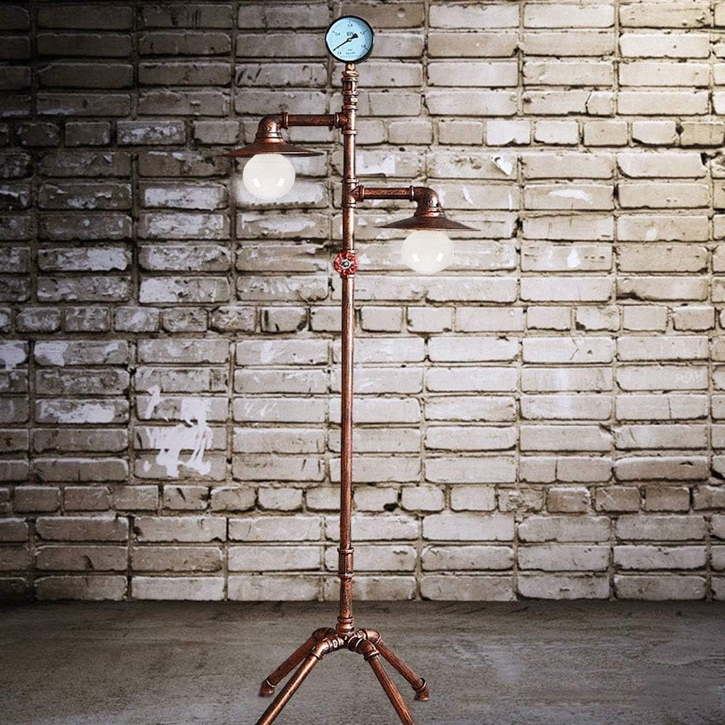 Floor Lamp Light Industrial Retro E27 Double Head Do The Old Antique Copper Wrought Iron Water Pipe Standing Lamp 1.53M with Dimming Switch for Bar Cafe Restaurant Living Room Bedroom Office (A)