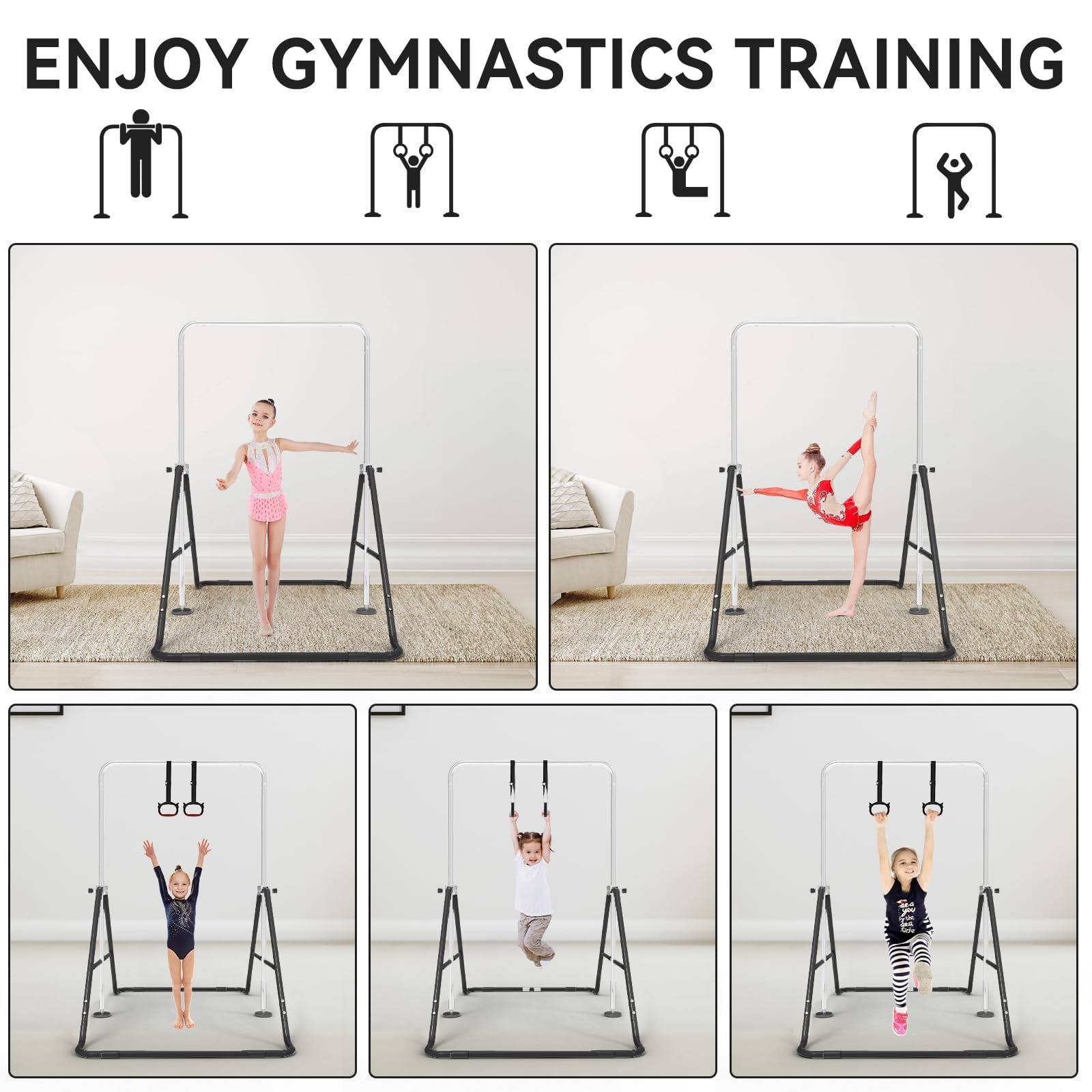 Barra da Ginnastica per Bambini, Regolabile in Altezza e Pieghevole – con Anelli, Barra Orizzontale da Interno per Casa, Attrezzo Ginnastica Ragazzi e Ragazze
